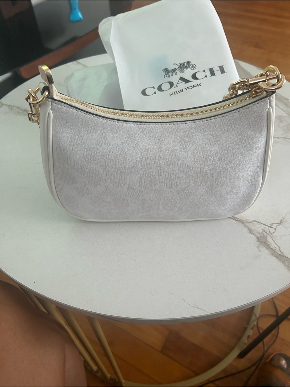 Coach Cream Signature Crescent Shoulder Bag with Gold Hardware